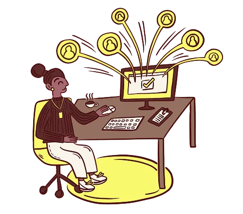 Illustration of a person at a desk connecting with professionals